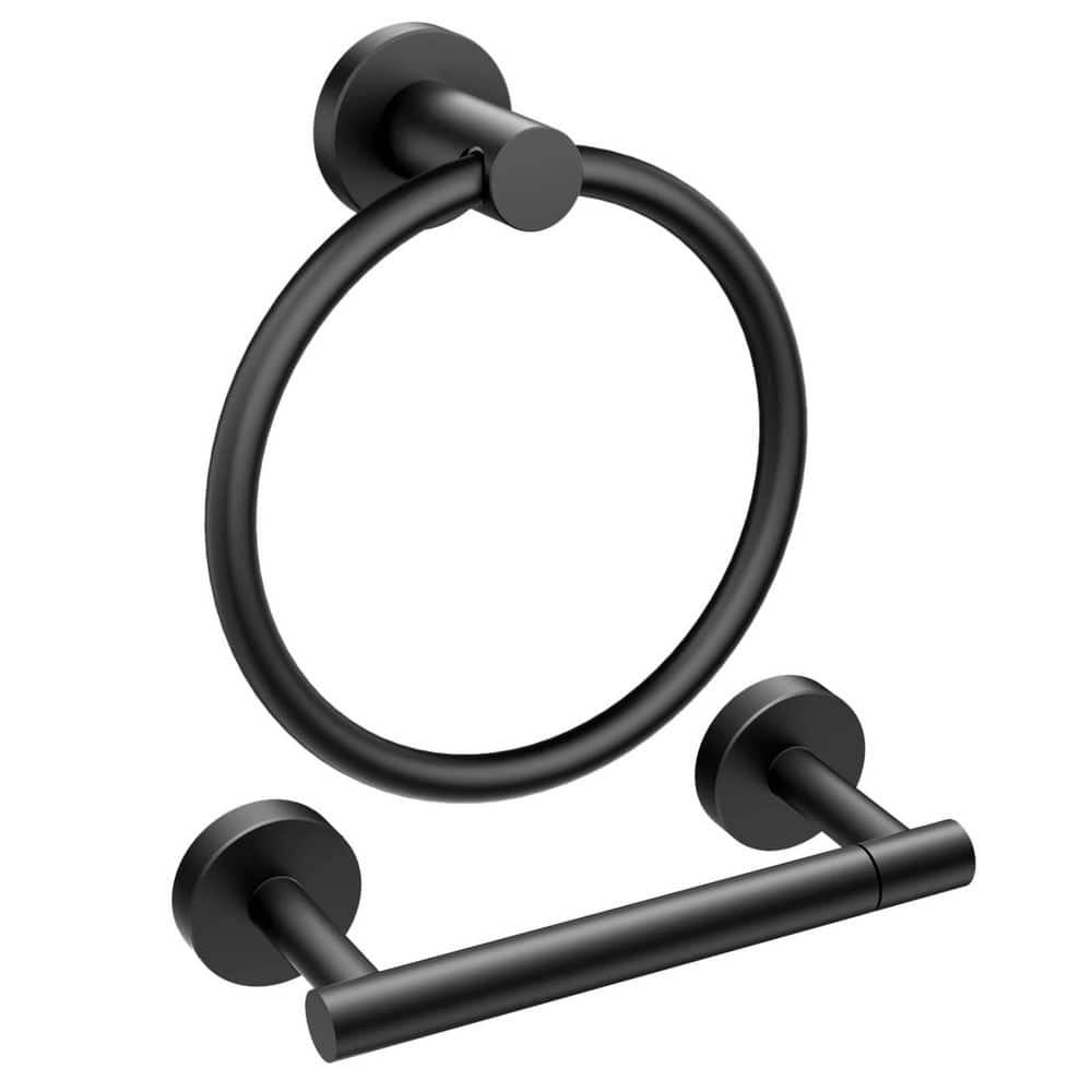 KHKFY Matte Black SUS304 Stainless Steel Toilet Paper Holder and Towel Ring Set, Wall Mount, Double Post Pivot (1)