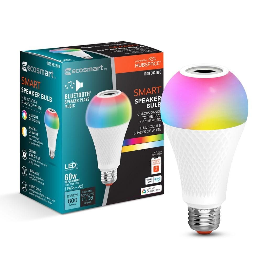 EcoSmart 60-Watt Equivalent Smart A21 Bluetooth Speaker Color Selectable RGBW E26 Medium Base LED Light Bulb Powered by Hubspace (2)