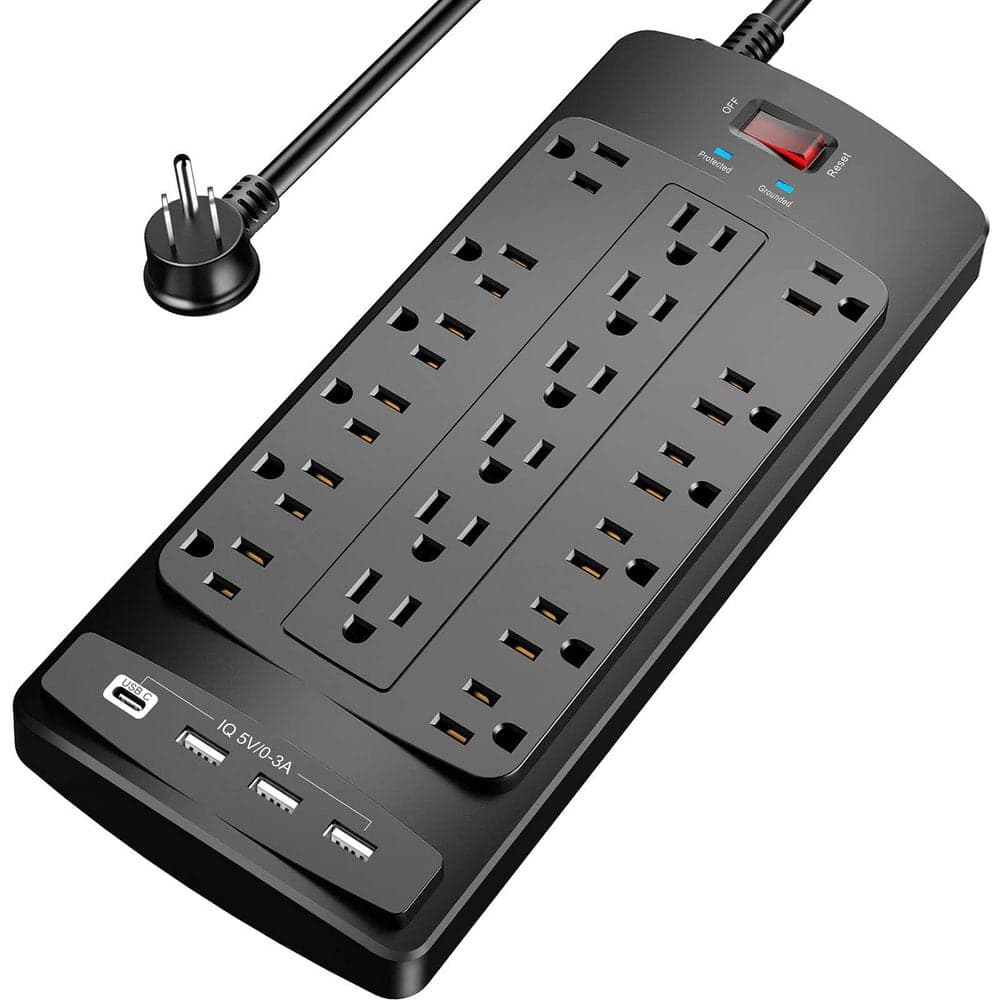 Lukyamzn 18-Outlets Power Strip 6 ft. Extension Cord 4 USB Ports Heavy Duty Surge Protector 2100 Joules ETL Listed Black (1)