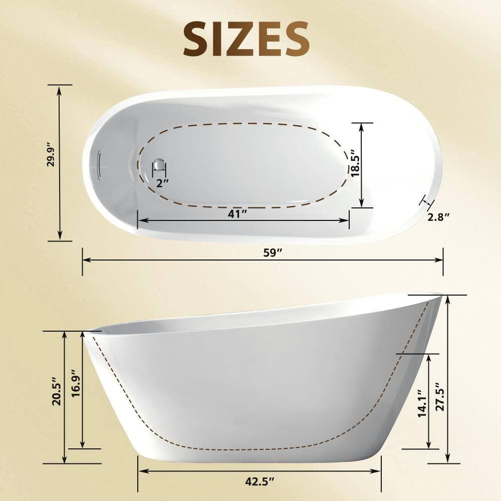 Cuschoice 59 Inch Acrylic Freestanding Slipper Bathtub, White Special Shape, Chrome Overflow,Pop-Up Drain,High Gloss (3)