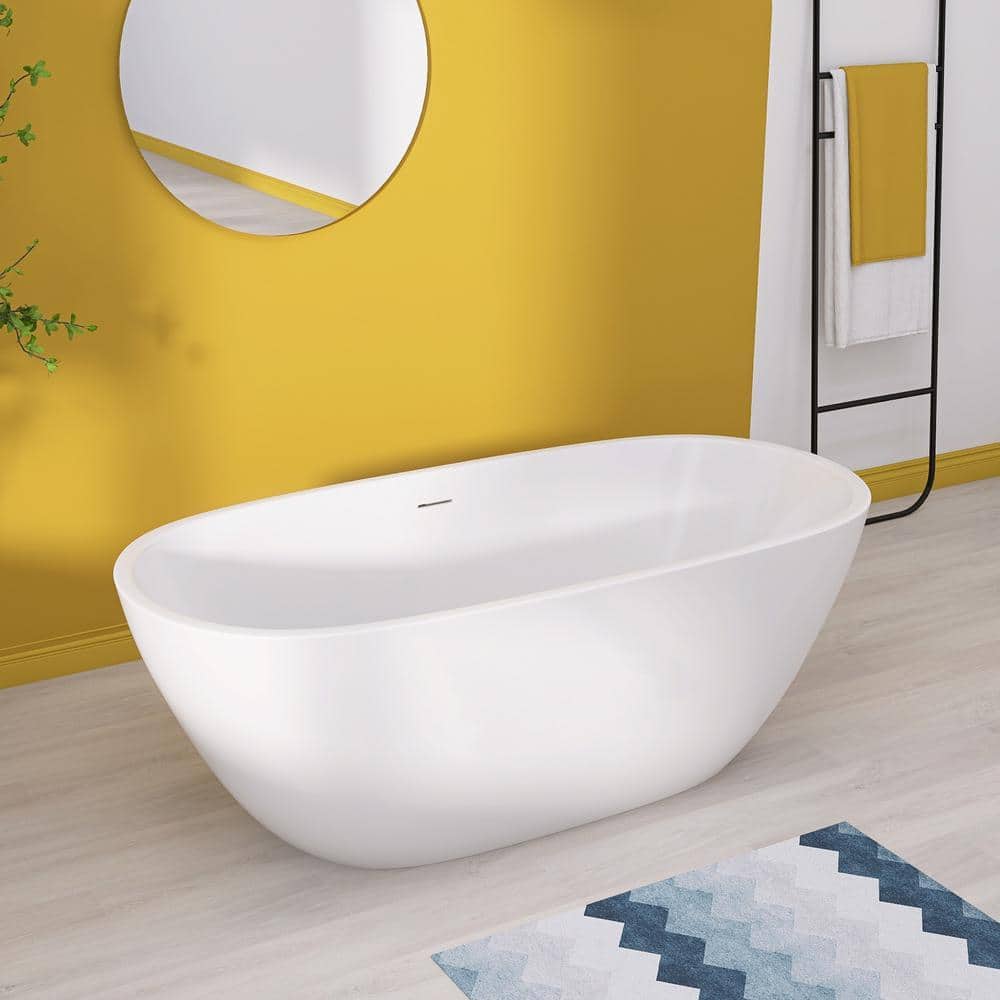 NTQ 55 in. x 29.5 in. Acrylic Free Standing Soaking Tub Oval Freestanding Tubs Stand Alone Soaker Bathtub in Glossy White (2)