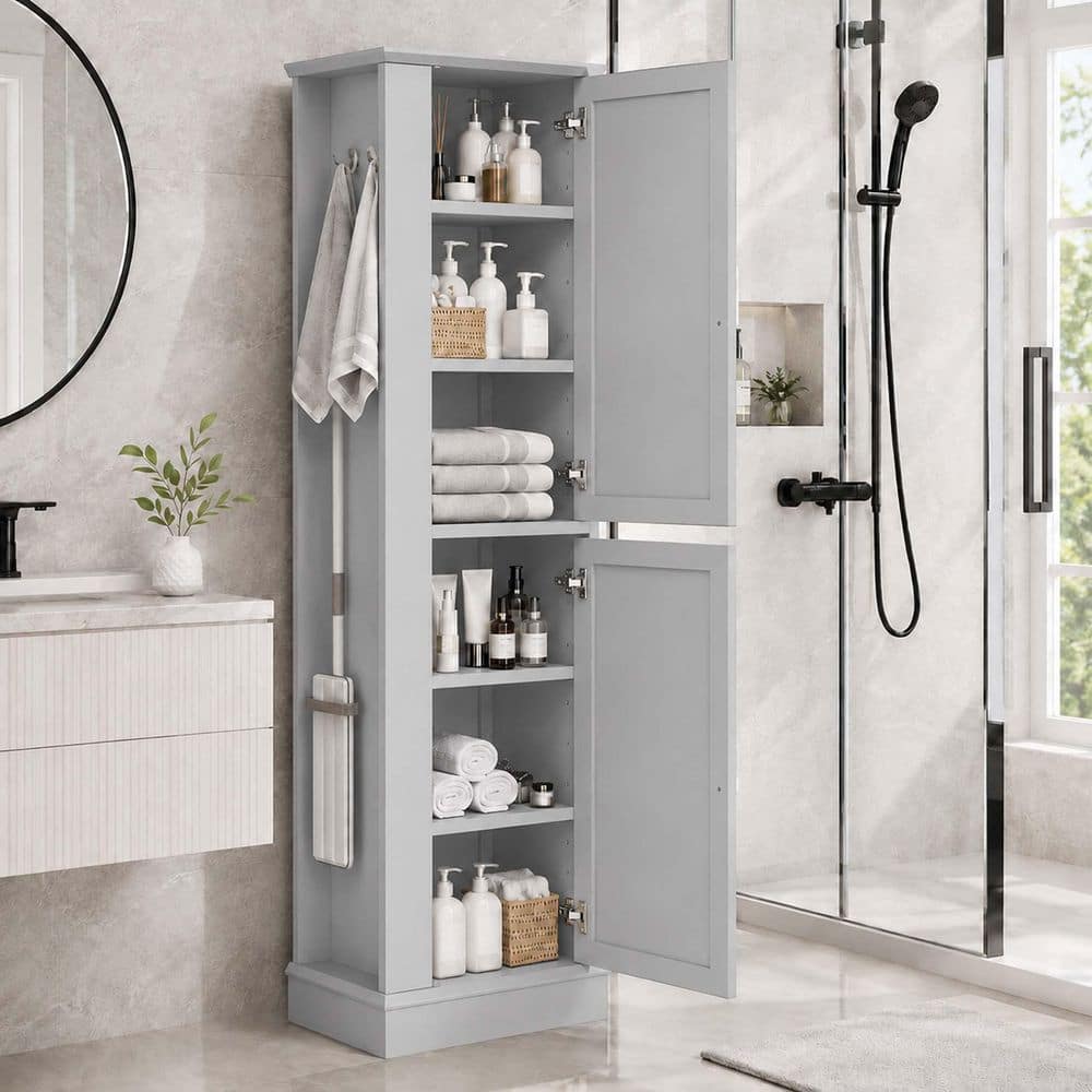 Bezeit 21 in. W x 14 in. D x 68 in. H White MDF Freestanding Linen Cabinet with with Hook and Adjustable Shelf in Gray (1)