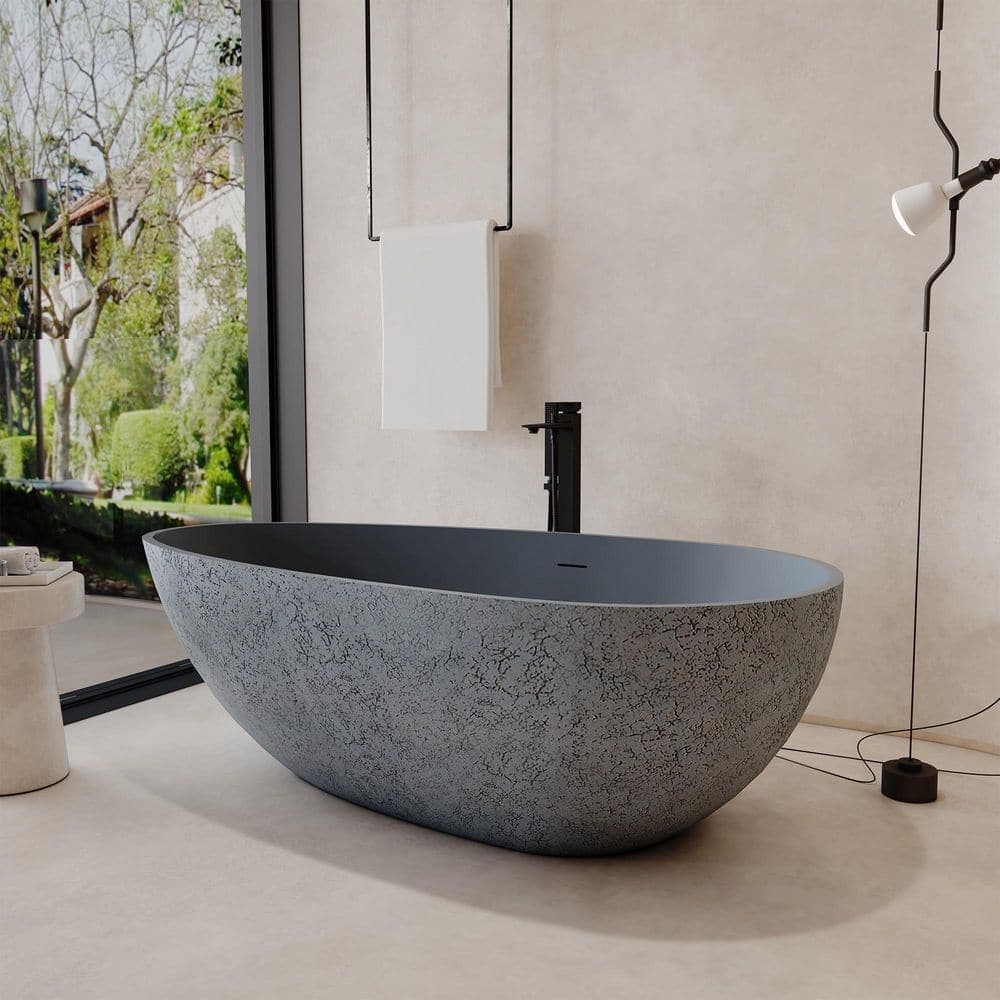 CASAINC 67 in. x 33.4 in. Freestanding Stone Resin Solid Surface Soaking Bathtub in Cement Grey and Outer Dot (3)