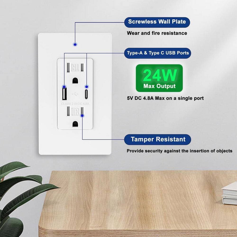 BIBIVIS 6Pcs Amp Tamper Resistant Wall Outlet with USB Ports, 21W USB Outlets Receptacles with Type A and Type C Ports (4)