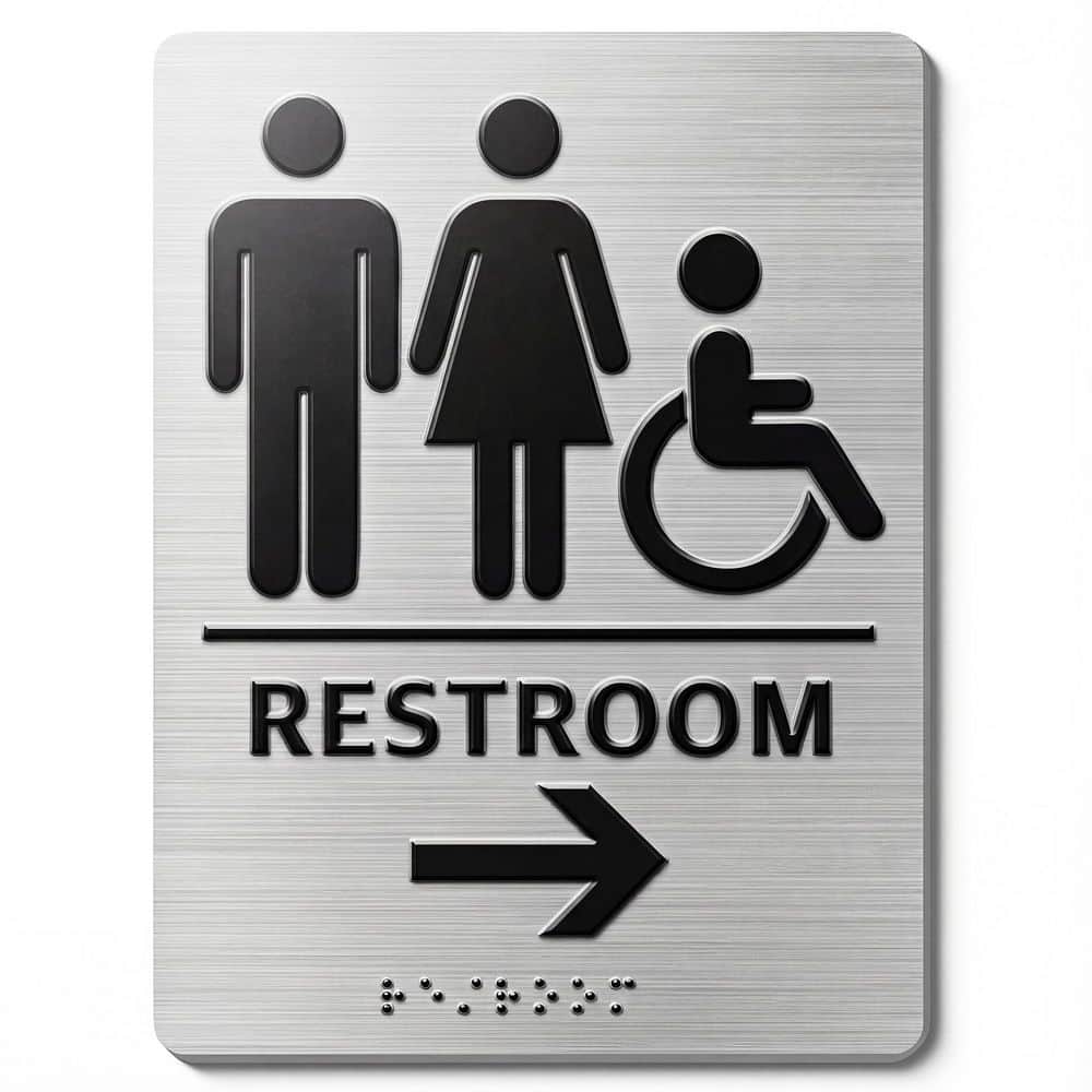 LAIFUCAM 1-Pack Brushed Silver Aluminum Composite ADA Restroom Directional Sign Right Arrow Braille Unisex Wheelchair (1)