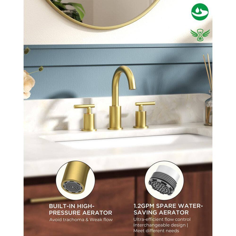 Numhew Brushed Gold Bathroom Faucet 3 Hole, 8 Inch Bathroom Sink Faucet Widespread with 360° Swivel Spout (3)
