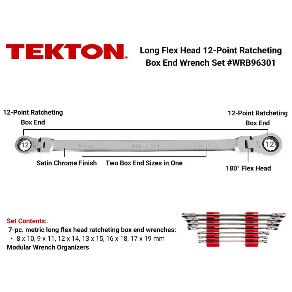 TEKTON 6 mm-19 mm Long Flex Head 12-Point Ratcheting Box End Wrench Set with Modular Slotted Organizer (7-Piece) (2)