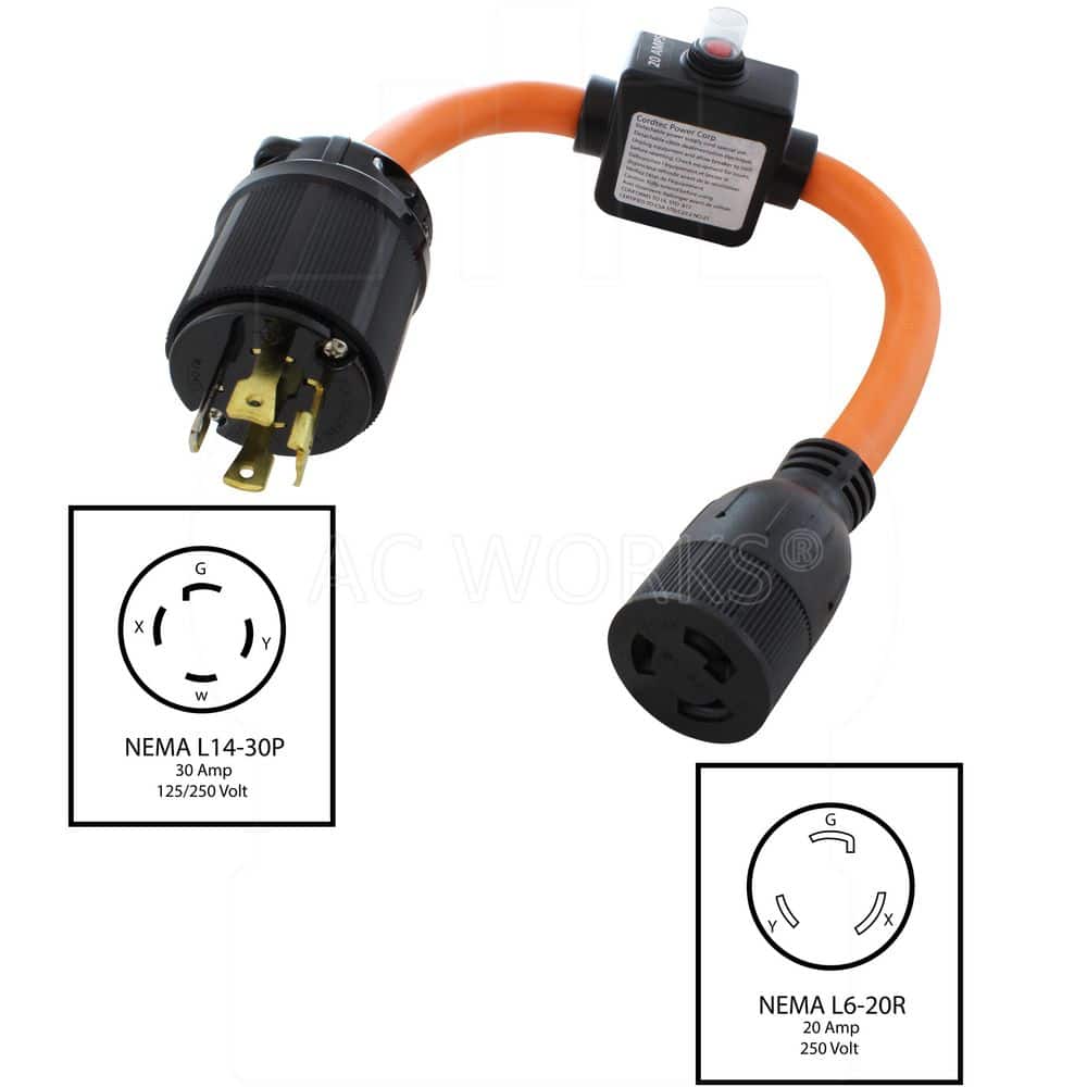 AC WORKS 30A L14-30P Locking Plug to L6-20R Connector with Inline 20A Breaker 1.5 ft. 10 / 3 STW Indoor/Outdoor Cord in Orange (2)