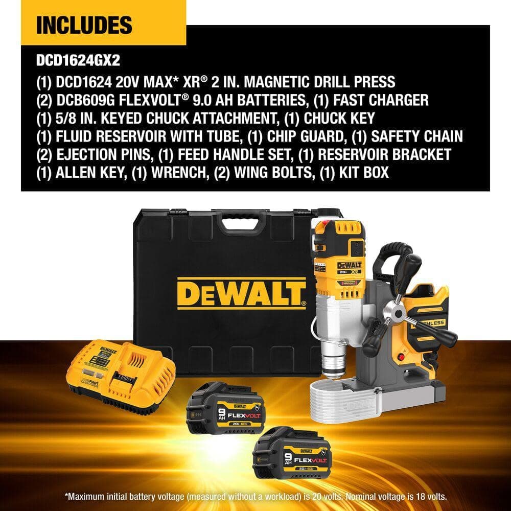 DEWALT 20V MAX XR Lithium-Ion Brushless Cordless 5/8 in. Magnetic Drill Press with (2) Flexvolt 9Ah Batteries, Charger and Case (2)