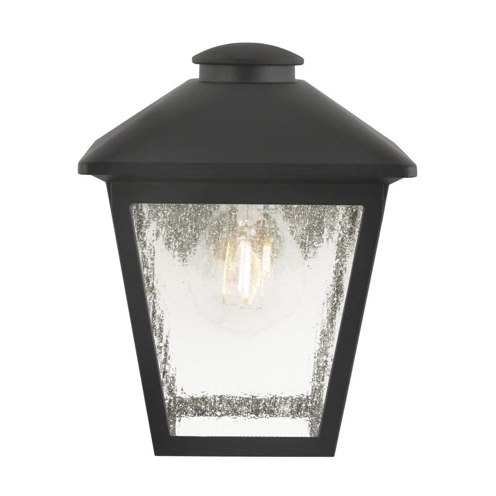 Hampton Bay Malena 7.83 in. 1-Light Black Hardwired Outdoor Wall Light Lantern Sconce Light with Clear Seeded Glass (2)
