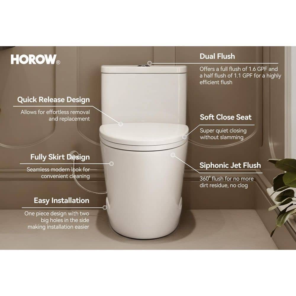 HOROW 1-Piece 12 in. Rough In 1.1/1.6 GPF Dual Flush Elongated Toilet in White with Quick-Release Seat (3)