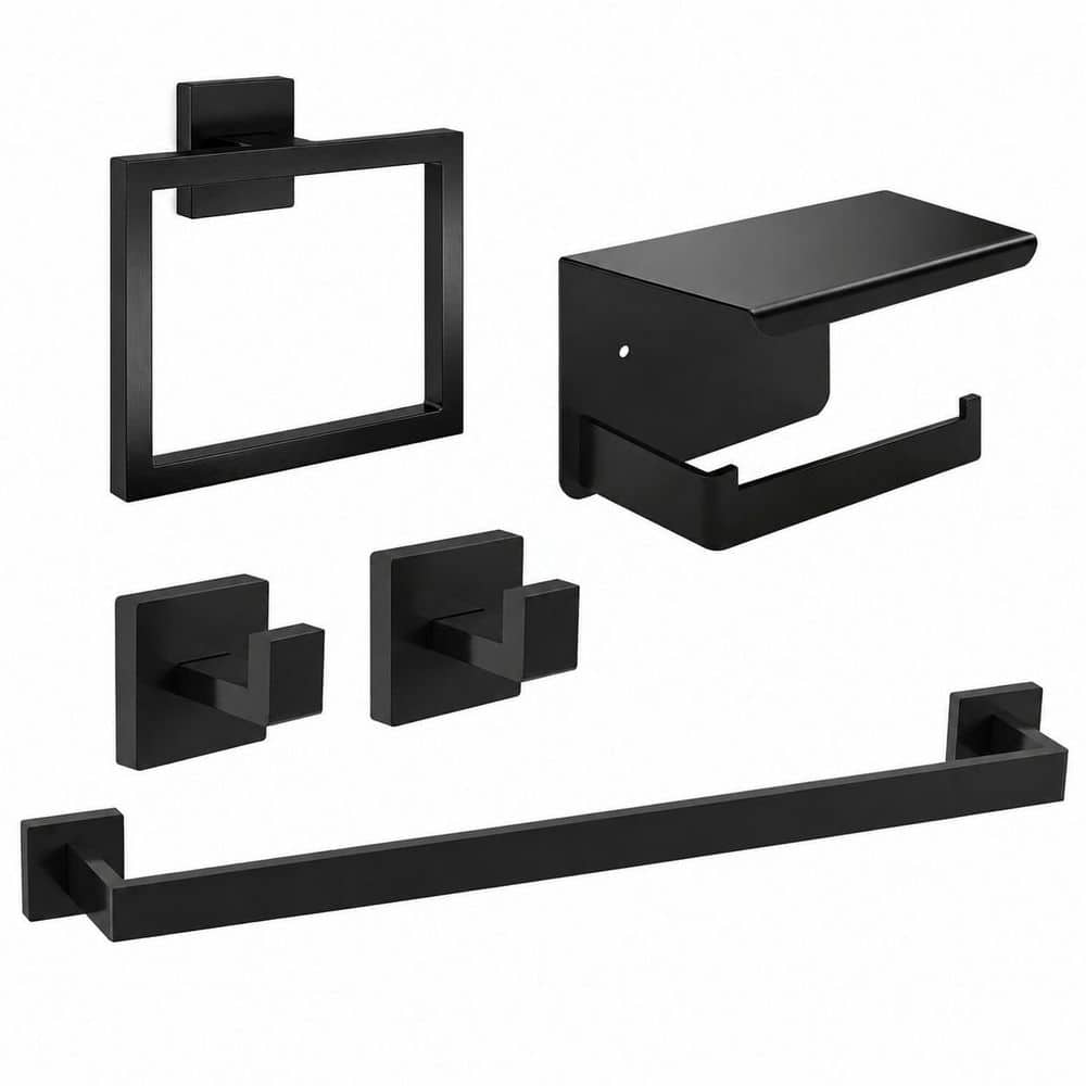 KHKFY Matte Black 24-in. 5-Piece Bath Hardware Set: Towel Bar, Hooks, Rack, Toilet Paper Holder with Shelf (1)