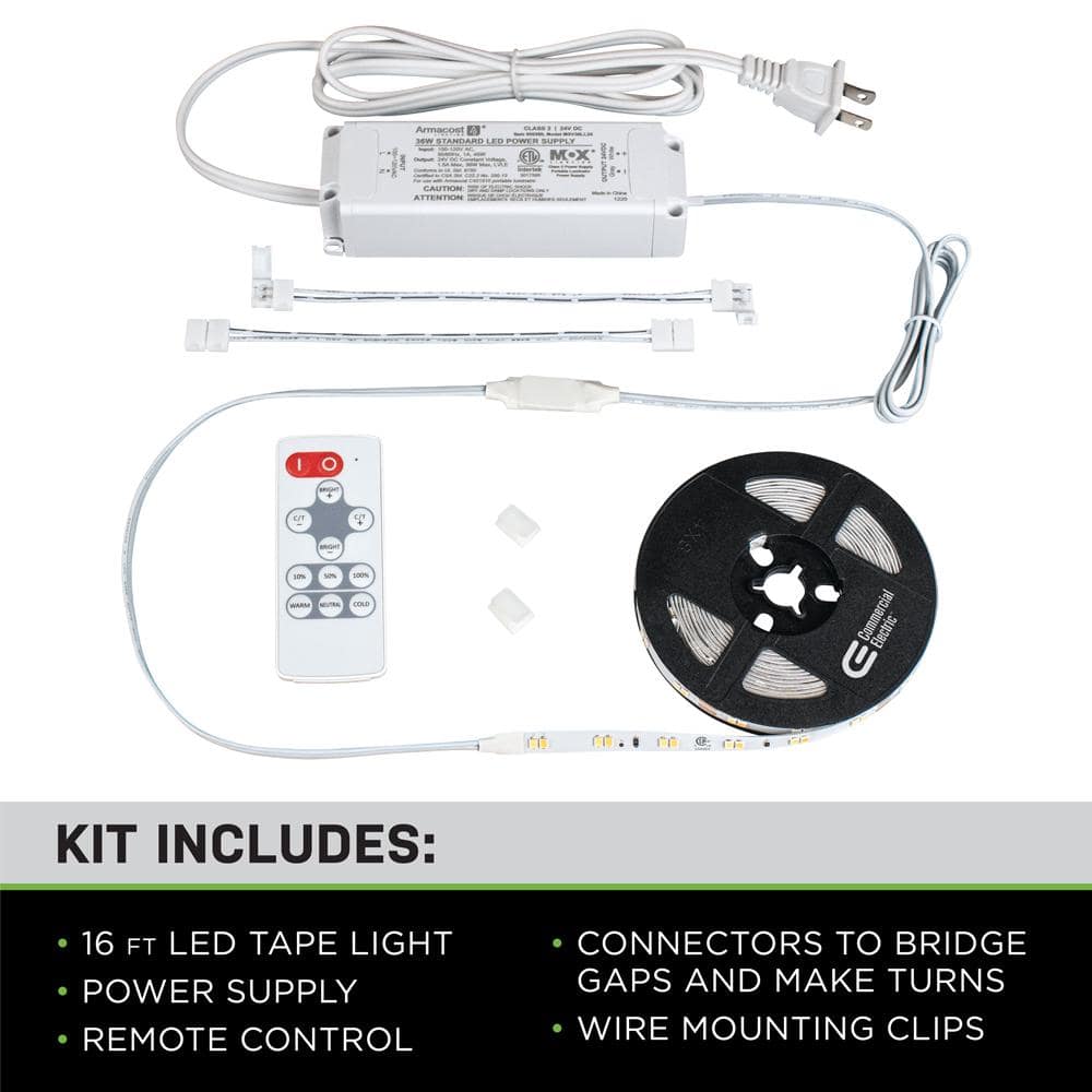 Commercial Electric 16 ft. LED Tunable White Tape Light Kit- Under Cabinet Light (3)