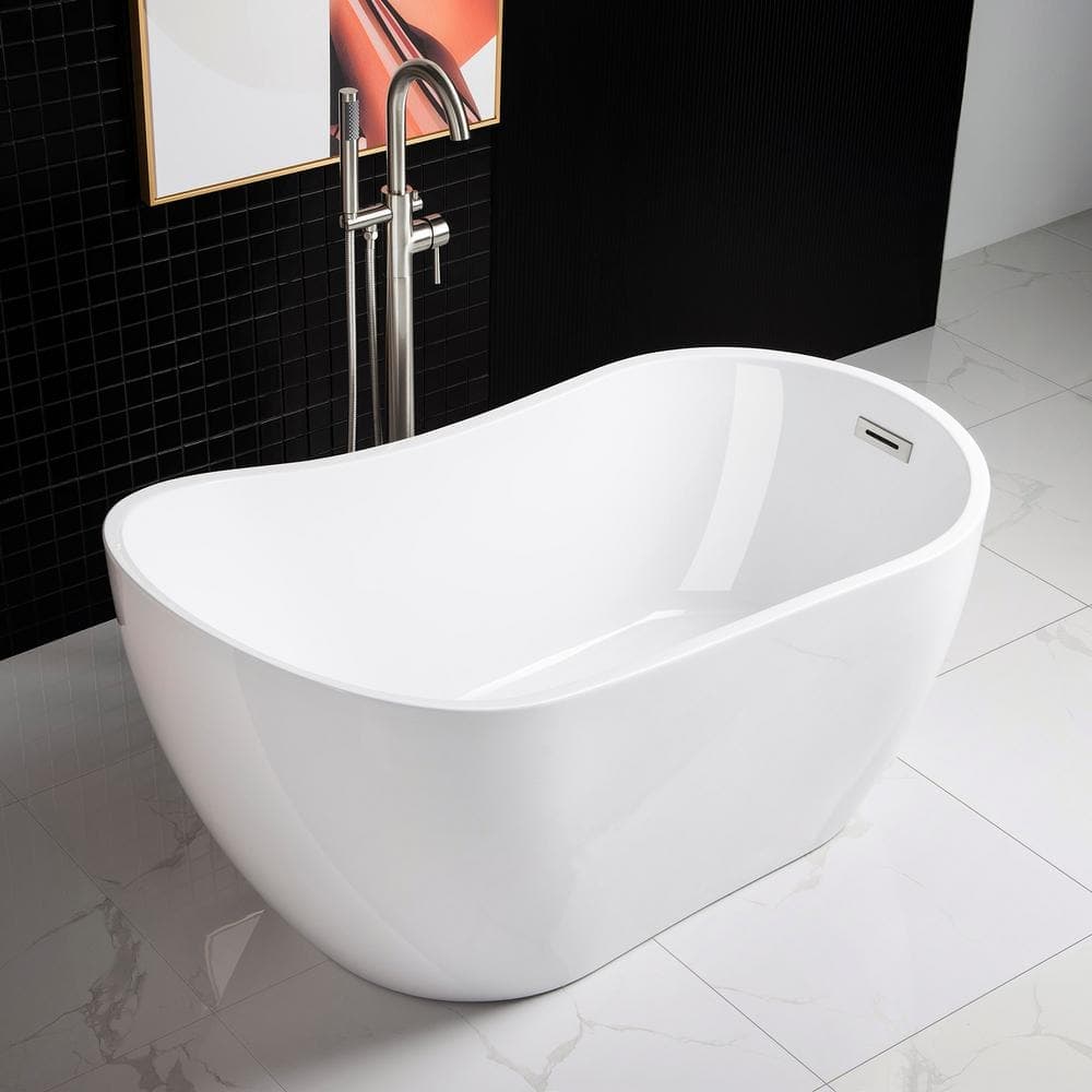 WOODBRIDGE Le Mans 54 in. Acrylic FlatBottom Single Slipper Bathtub with Brushed Nickel Overflow and Drain Included in White (3)