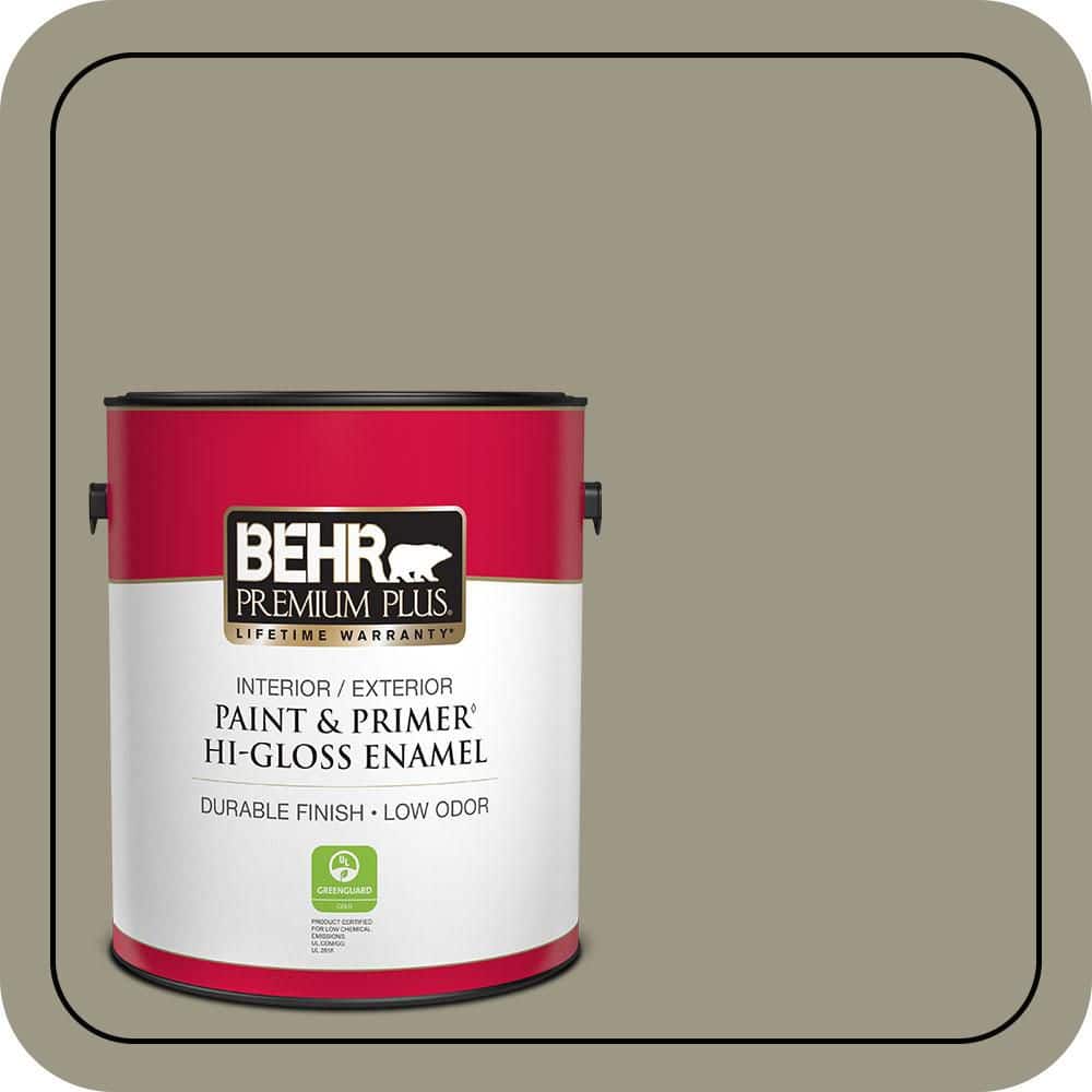 BEHR PREMIUM PLUS 1 gal. #PPU8-20 Dusty Olive Hi-Gloss Enamel Interior/Exterior Paint & Primer