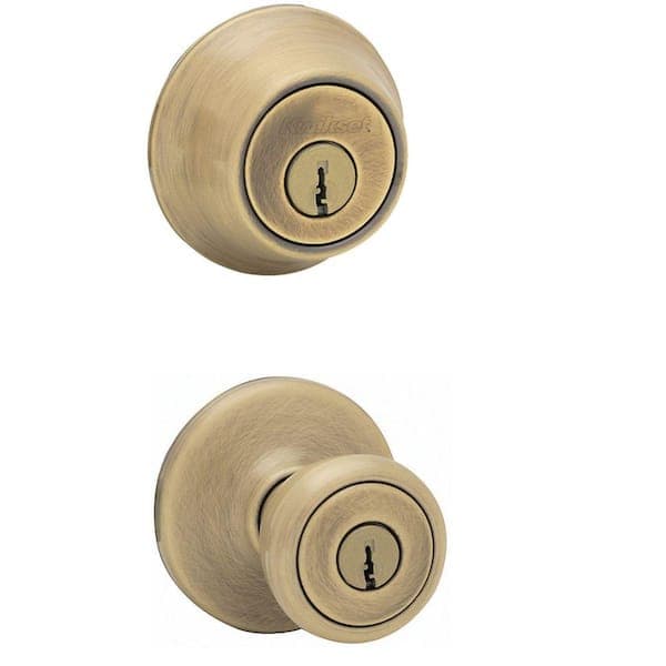 Kwikset Tylo Antique Brass Exterior Entry Door Knob and Double Cylinder Deadbolt Combo Pack (2)