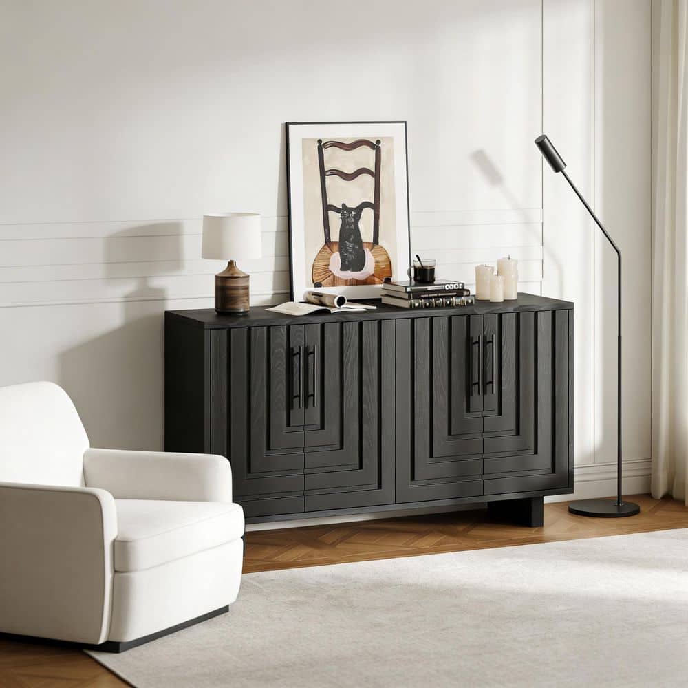 Unbranded 59 in. W x 15.75 in. D x 32.50 in. H Black Linen Cabinet with 4-Doors and Adjustable Shelves