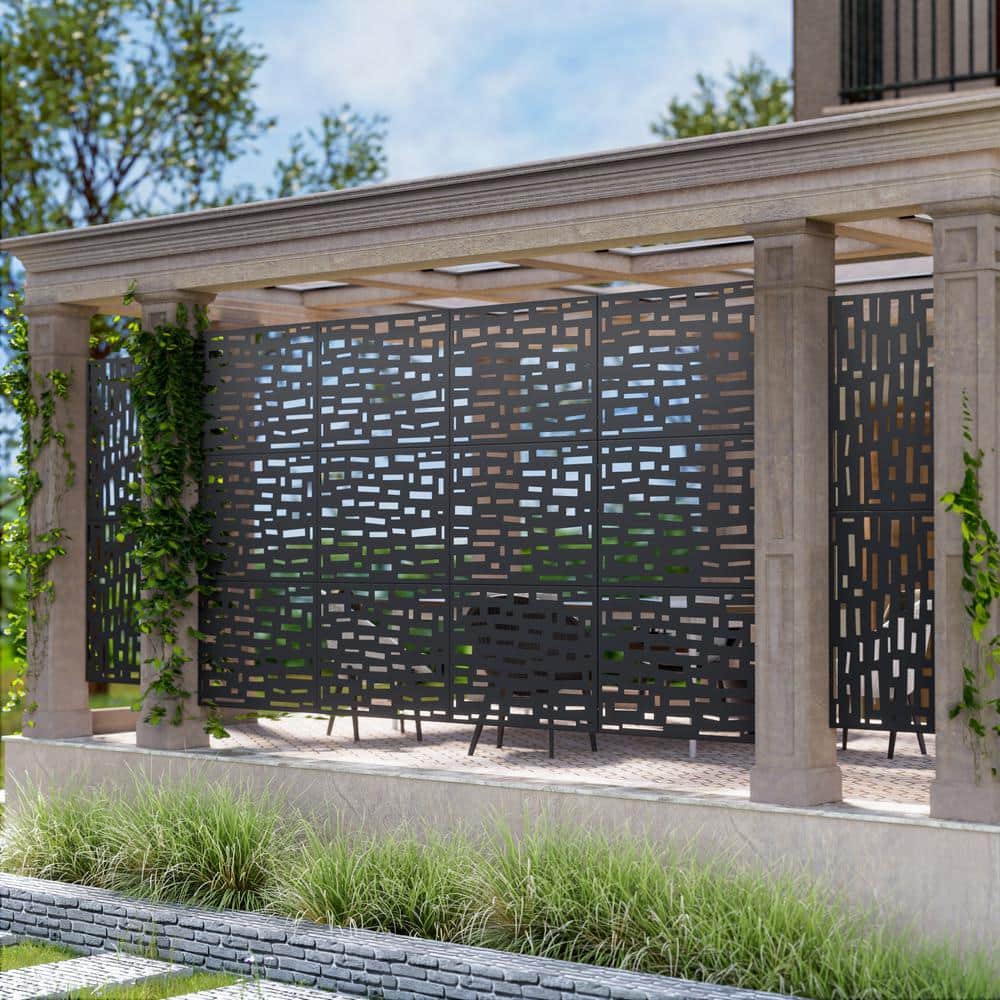 Lirago 72 in. H x 35 in. W Outdoor Metal Privacy Screen Garden Fence Brick Pattern Wall Applique in Black (2)