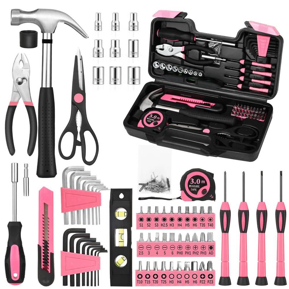 Laybus 144-Piece Pink Tool Kit, Basic Home Repair Tool Set, Household Hand Tool Kit, Small Tool Kit with Plastic Toolbox