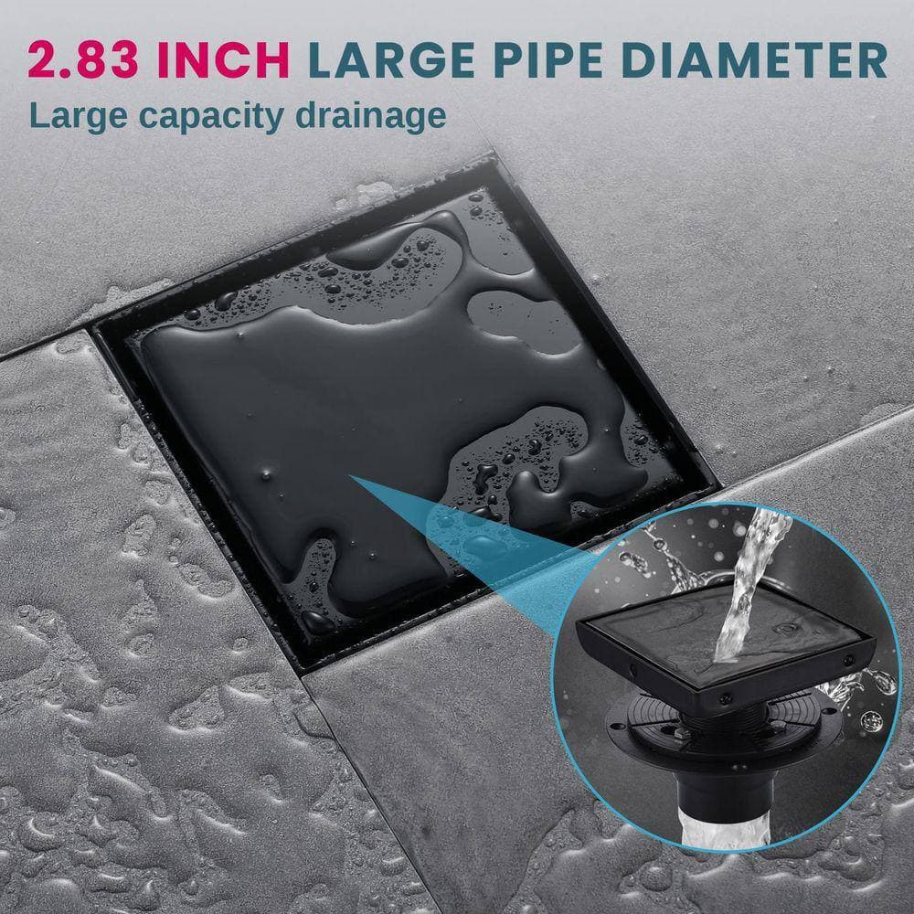 AVITAS 5.9 in. Square Stainless Steel Shower Floor Drain with Tiled Insert Grate and Hair Strainer in Matte Black (3)