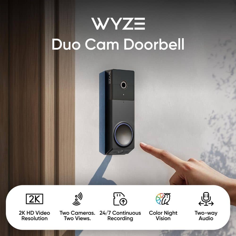Wyze Wireless Duo Cam Video Doorbell, Battery Powered, 2K Full HD Video, 2 Cameras (People and Package), Color Night Vision (2)