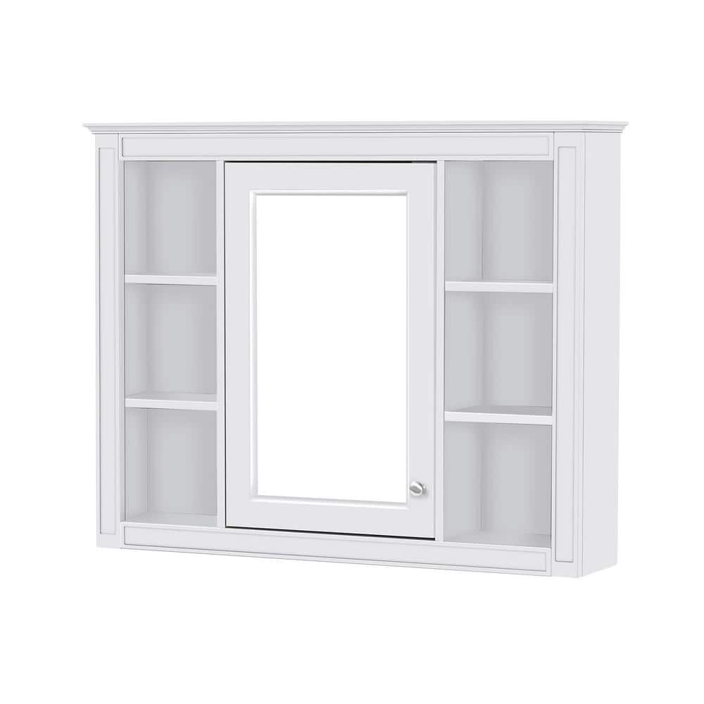 Unbranded 35.03 in. W x 7.32 in. D x 27.5 in. H Bathroom Storage Wall Cabinet in White with Medicine Cabinet,Mirror,6 Open Shelves