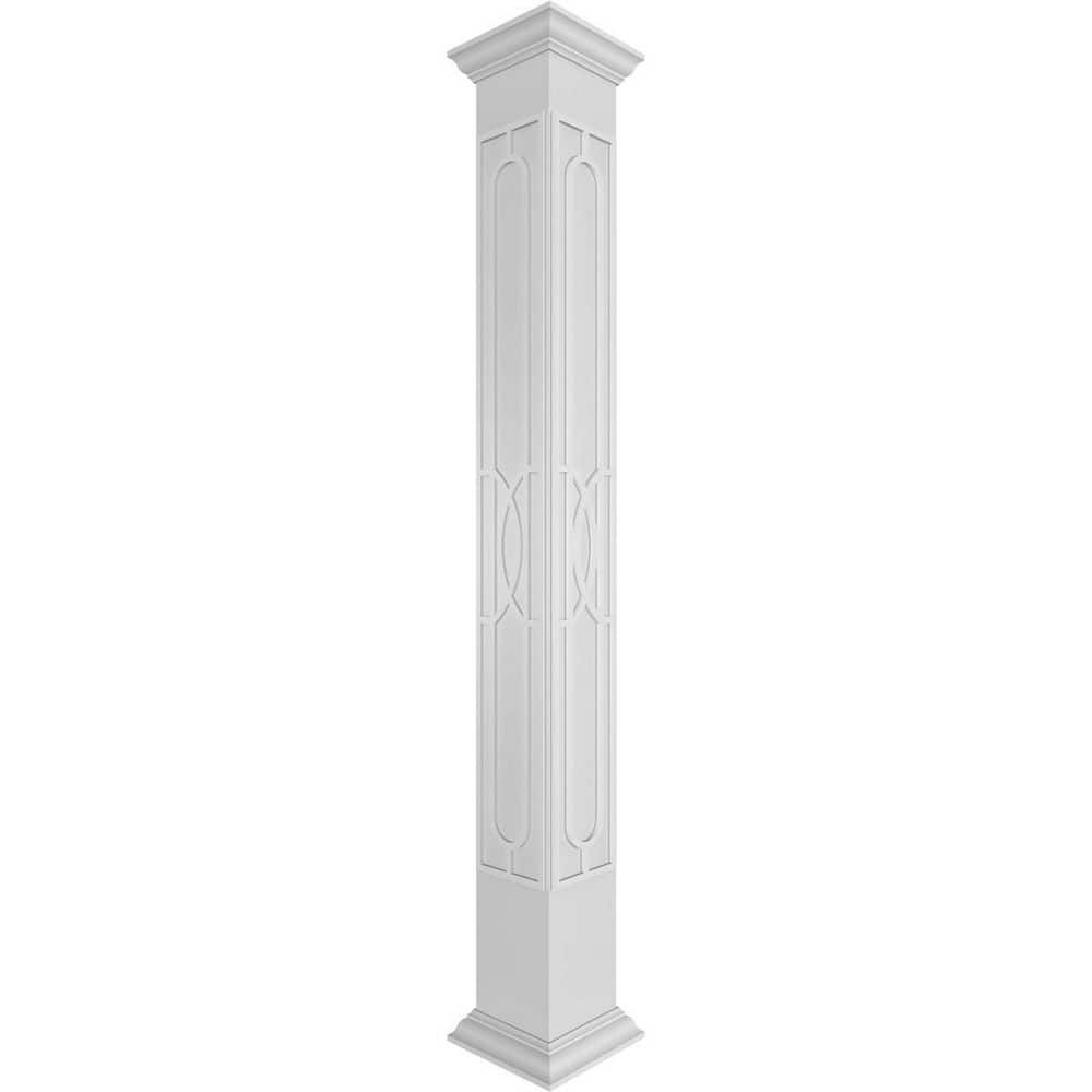 Ekena Millwork 7-5/8 in. x 10 ft. Premium Square Non-Tapered Calico Fretwork PVC Column Wrap Kit with Crown Capital and Base (1)