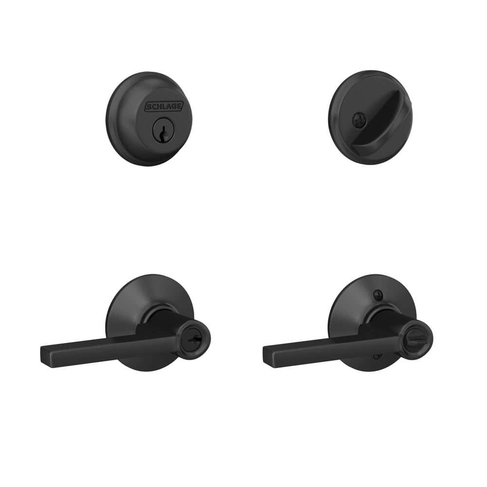 Schlage Latitude Matte Black Single Cylinder Deadbolt and Keyed Entry Door handle Combo Pack (2)