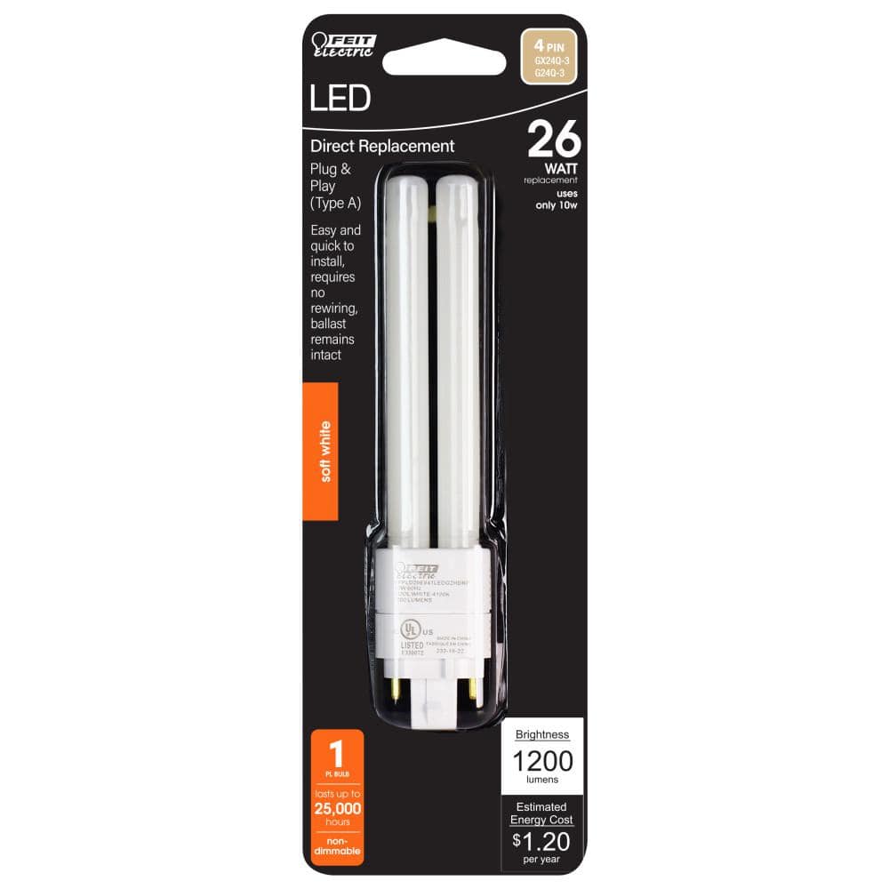 Feit Electric 26-Watt Equivalent PL QuadTube CFLNI 4-Pin Plugin G24Q-3 Base CFL Replacement LED Light Bulb, Soft White 2700K (1-Pack) (3)