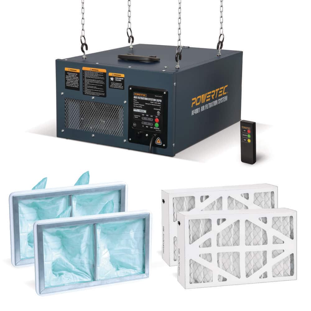 ‎POWERTEC 3-Speed Remote Controlled Air Filtration Systems (300/350/400 CFM) with Inner and Outer Filters Replacement (2 of Each)
