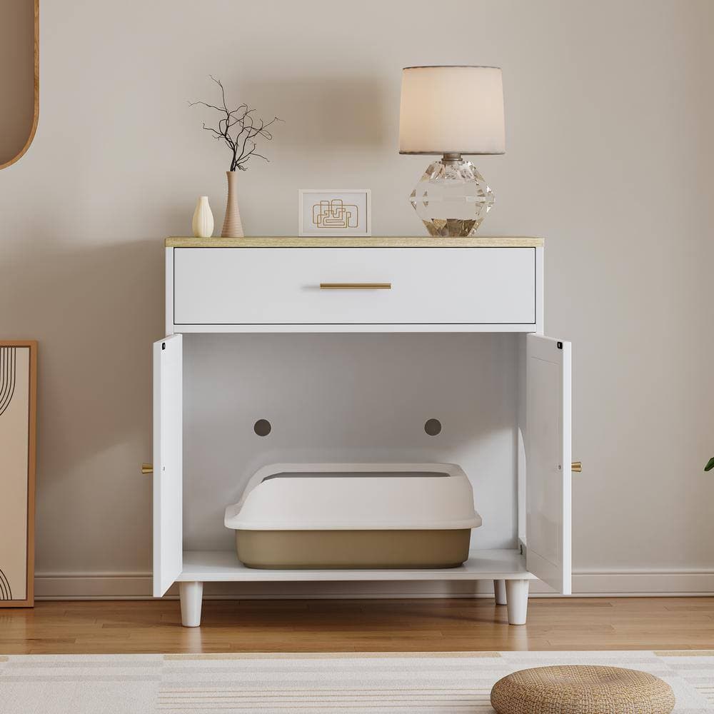 Unbranded 31.75 in. W x 15.75 in. D x 32.75 in. H White Linen Cabinet Cat Litter Box with 2-Doors, Scratch Pad for Bathroom (3)