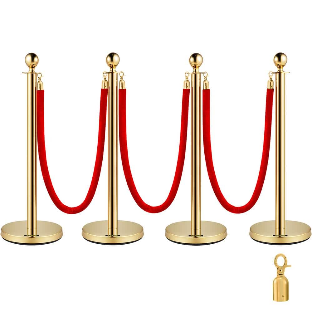 VEVOR Stanchion Posts Queue 4 Pack 38 Inch Red Velvet Rope stainless steel Crowd Control Barriers with Sturdy Rubber Base,Gold (1)