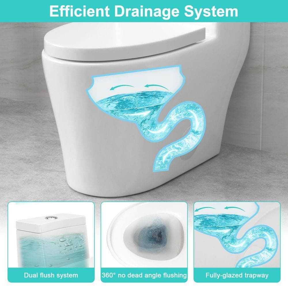 Sarlai 12 in. Rough-in 1-Piece 1.6/1.1 GPF Dual Flush High Efficiency Elongated Toilet in White, Seat Included (3)