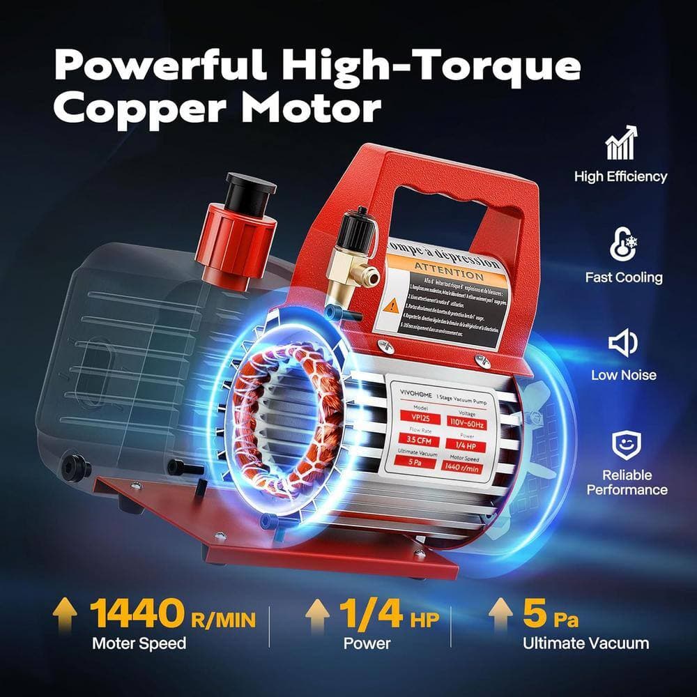 VIVOHOME 110-Volt 1/4 HP 3.5 CFM Single Stage Rotary Vane Air Vacuum Pump and R134a AC Manifold Gauge Set with Thermometer in Red (2)