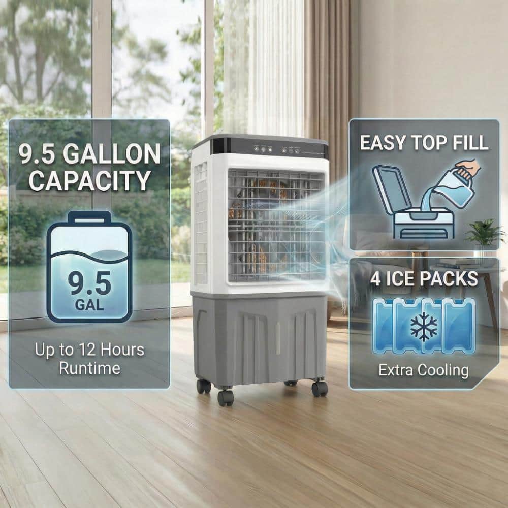 Kingdely Portable Swamp Cooler 700 CFM 3-Speed Portable Evaporative Cooler for 280 sq. ft.Remote,9.5 Gal large Water Tank Gray (2)