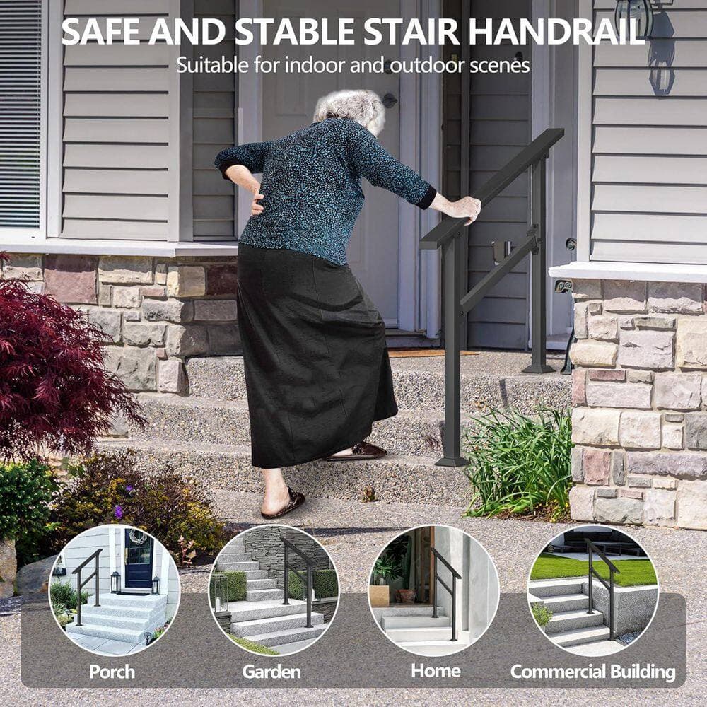 Afoxsos Adjustable Outdoor Handrail 3 Step Black Safety Railing Kit for Porch Deck Sturdy Steel Construction (3)