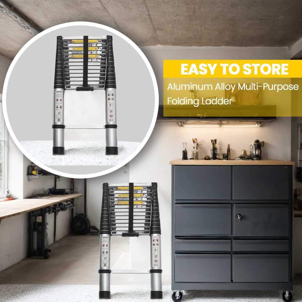Unbranded 14.5 ft. Aluminum Telescopic Extension Ladder, Portable Multi-Purpose for Indoor Outdoor Work, Heavy Duty 300 lbs. Load (3)