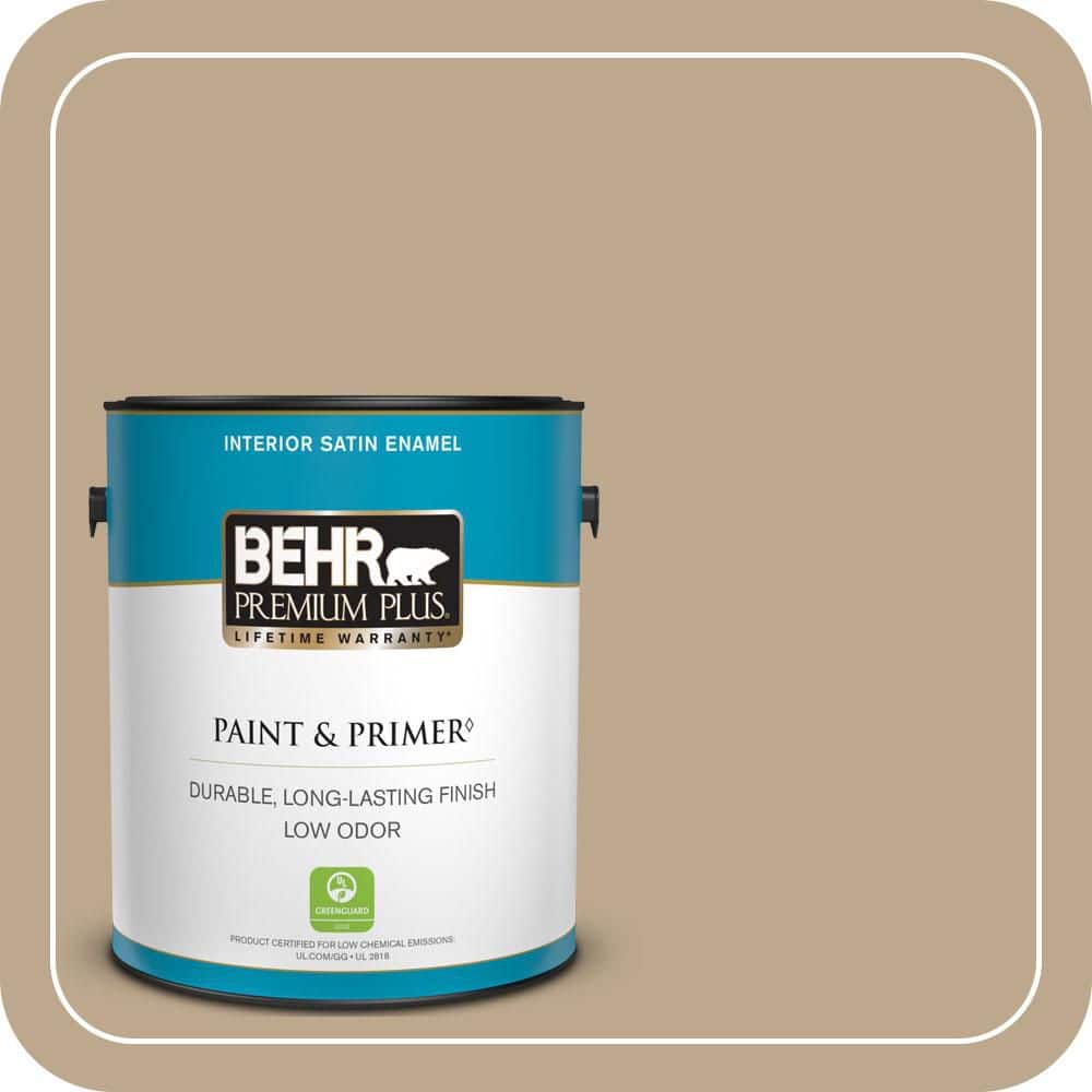 BEHR PREMIUM PLUS 1 gal. #MQ2-25 British Khaki Satin Enamel Low Odor Interior Paint & Primer (1)