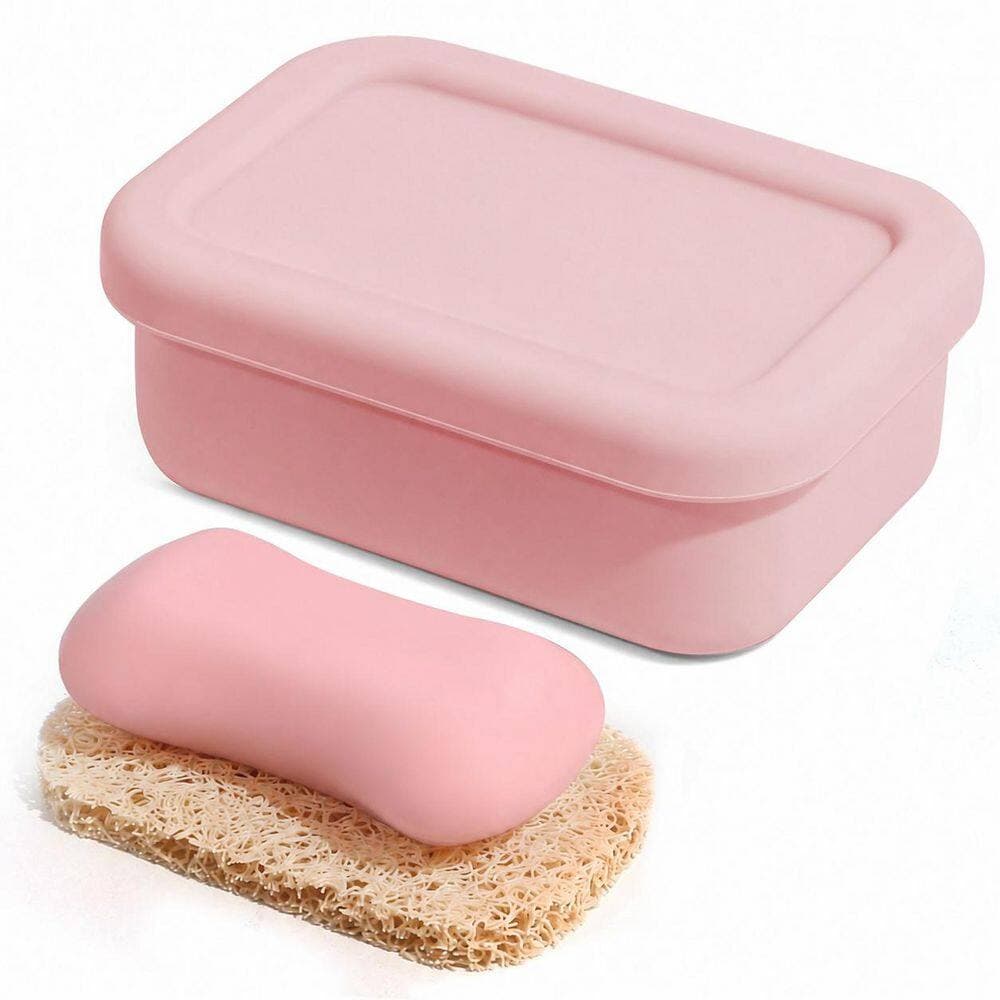 Unbranded 1-Pack Light Pink Leakproof Silicone Travel Soap Case Holder with Draining Tray for Gym and Bathroom (2)