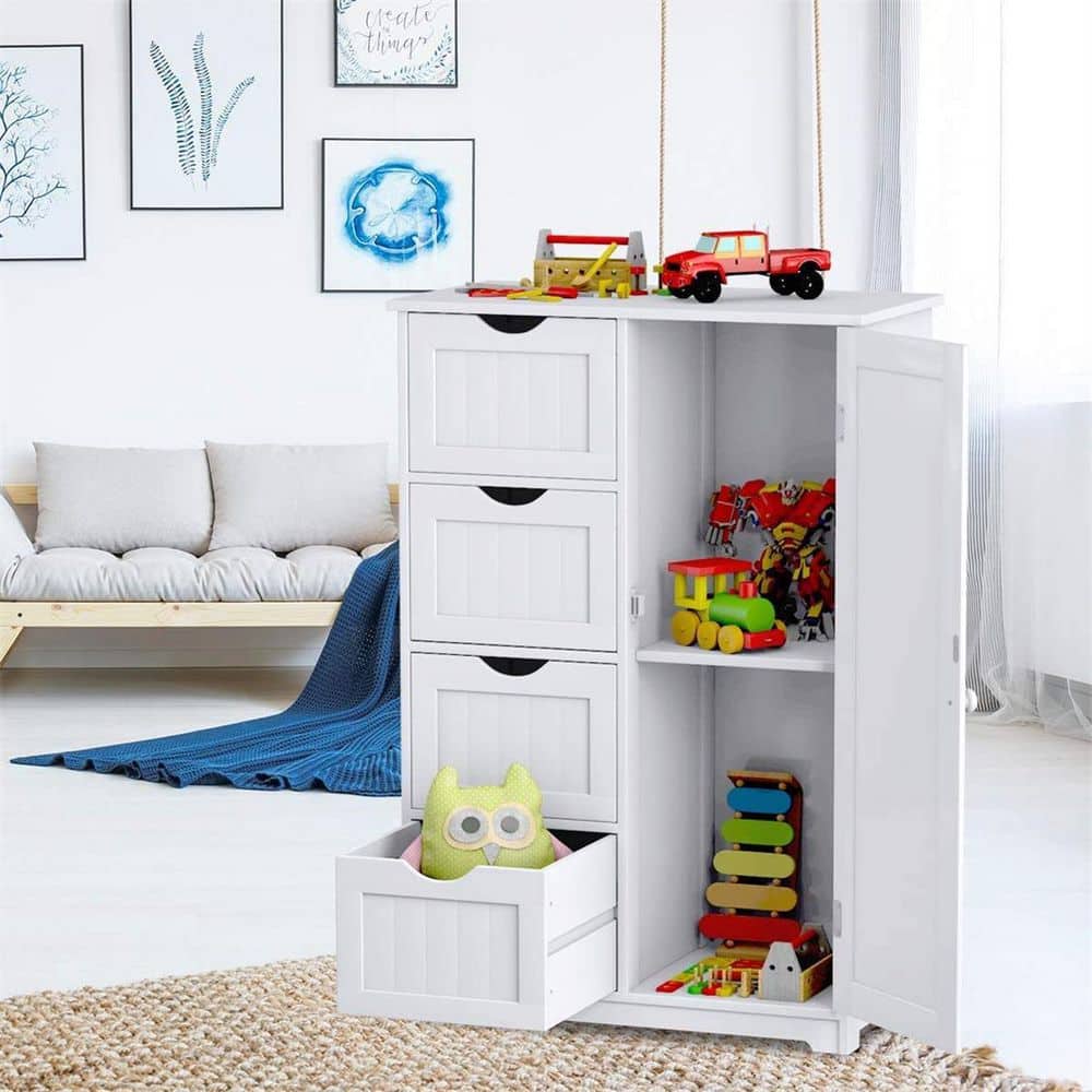 Dracelo 22 in. W 12 in. D 32 in. H Bathroom Linen Cabinet Floor Storage Cabinet with Four Drawers and Shelf (2)