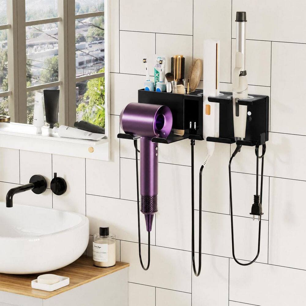 Anqtovp 12.5 in Wall Mounted Easy Installation Hair Tool Organizer in Black for Bathroom Blow Dryer Curling Iron Storage (2)