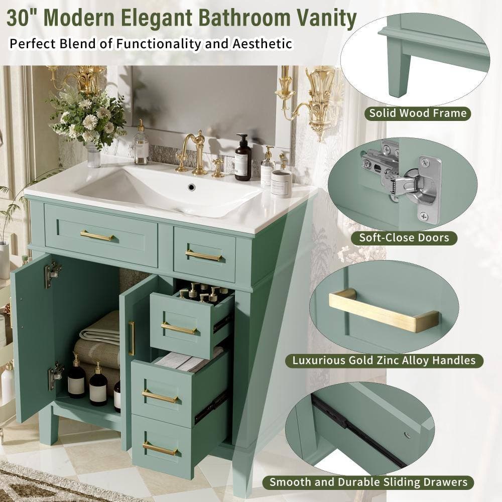 Unbranded Green 30in Bathroom Vanity with Ceramic Sink Soft-Close Doors Deep Drawer for Small Bathroom (3)