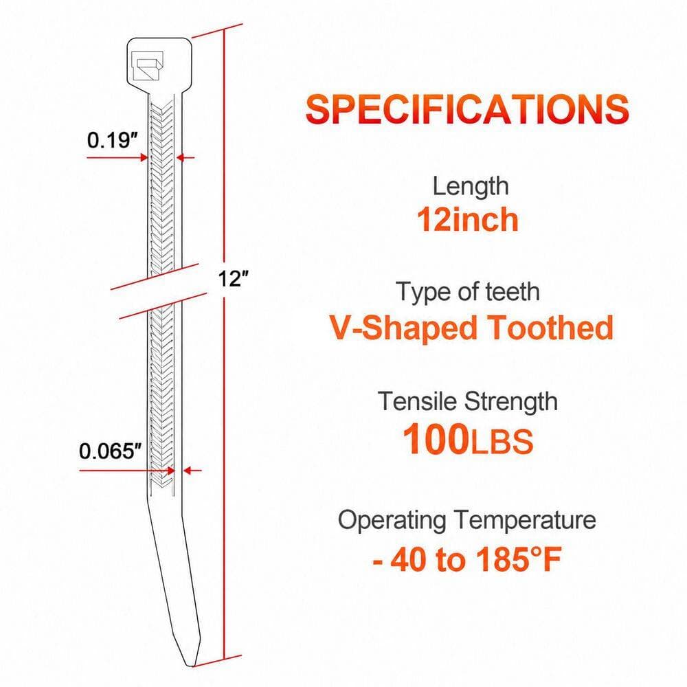 SEKUREON 12 in. Zip Ties Double Sided Toothed 100 lbs. Tensile Strength Heavy Duty Cable Wire Ties Nylon Tie Wraps White 500-Pack (2)