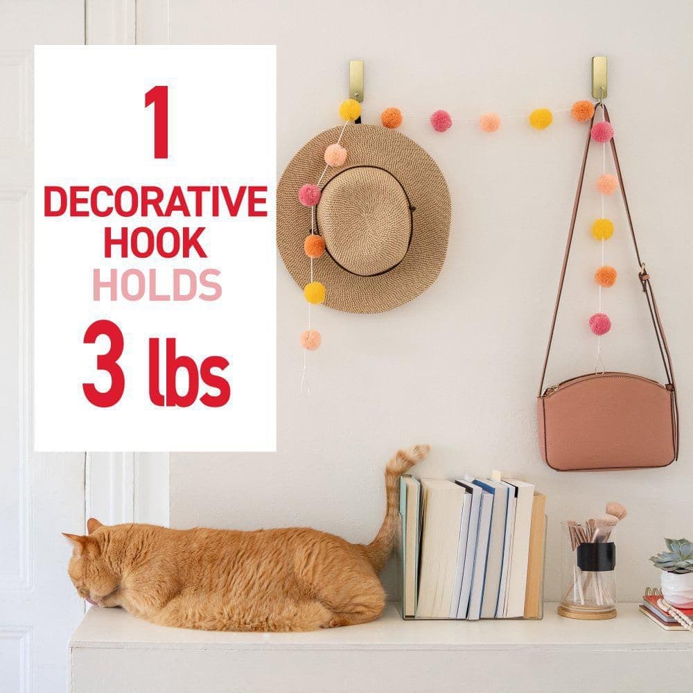 Command Medium Decorative Hooks, Matte Satin Brass, Damage Free Decorating, Hook and 2 Strips (3)