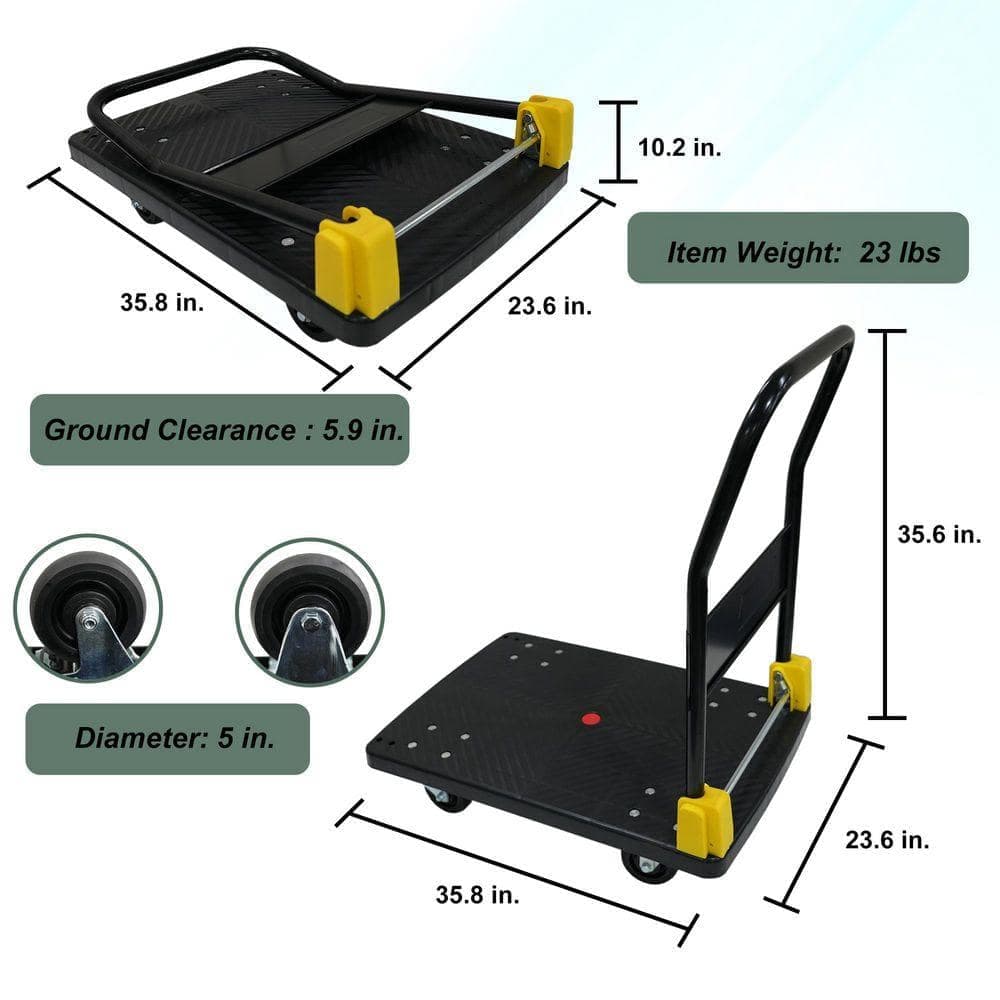 Huluwat Black 880 lb. Capacity Foldable Platform Hand Truck with Two 5 in. Fixed and Two 5 in. 360° Rotating Wheels (2)