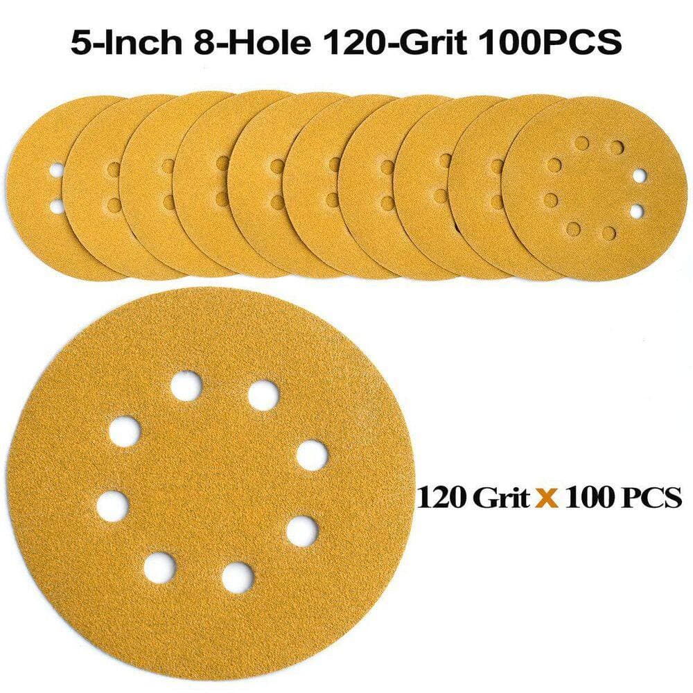 LAIFUCAM 5 in. Hook and Loop Sanding Discs with 120-Grit Fused Alumina Grain, Pre-Punched 8 Holes, 100-Pack (3)