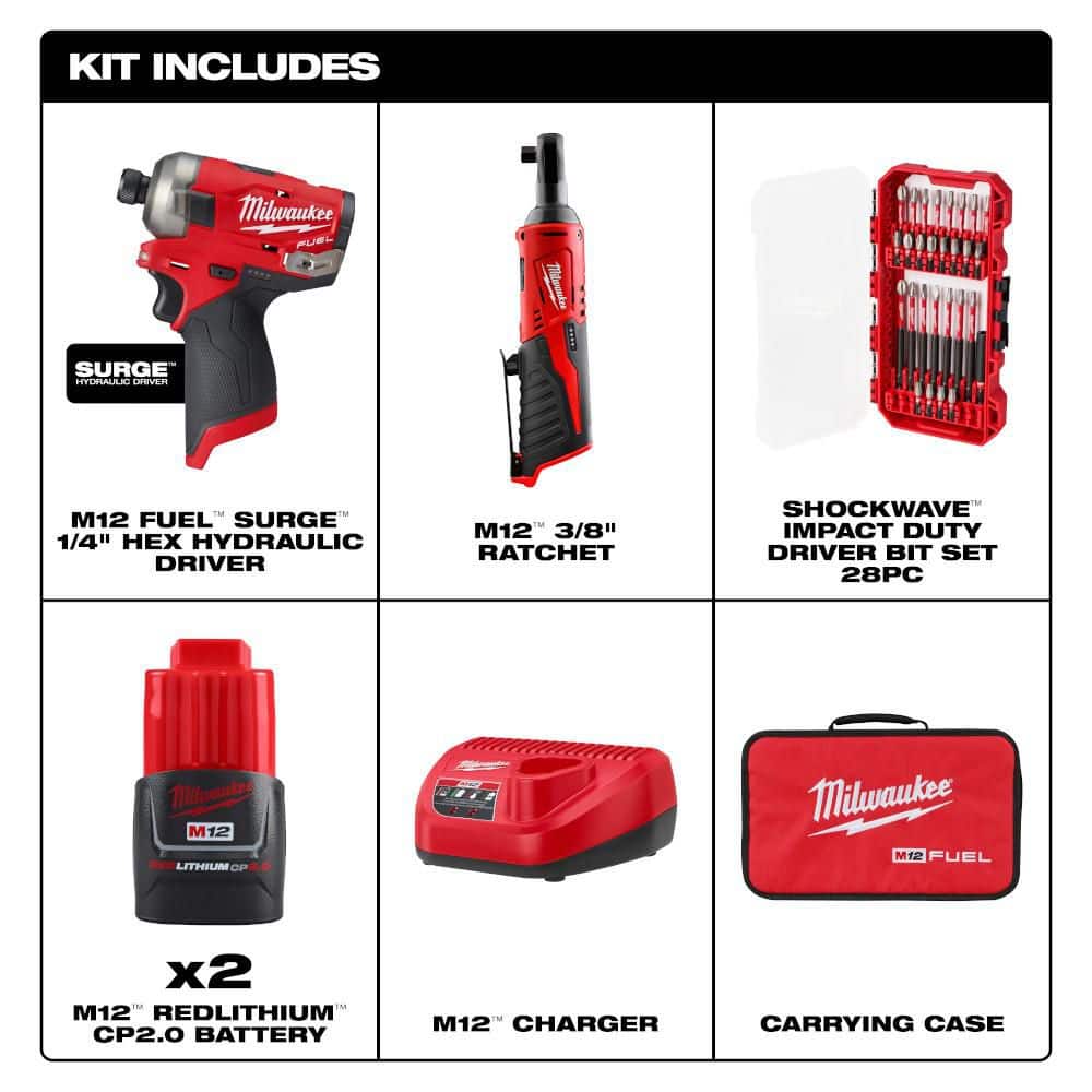 Milwaukee M12 FUEL SURGE 12V 1/4 in. Hex Impact Kit w/ (2) 2. 0Ah Batteries, Bag with M12 3/8 in. Ratchet with SHOCKWAVE 28-Pc Set (2)