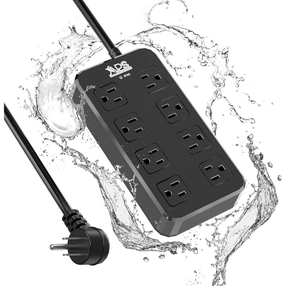 Ahfiwaso 6 ft. 8 Wide-Spaced-Outlets, IPX6 Waterproof Surge Protector Power Strip, Outdoor Extension Cord, Output of 1875W, Black (1)