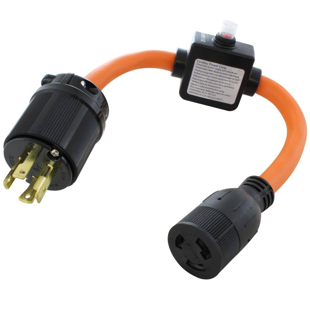 AC WORKS L15-30P Locking Plug to L6-20R Connector with Inline 20A Breaker 1.5 ft. 10 / 3 STW Indoor/Outdoor Cord in Orange (1)
