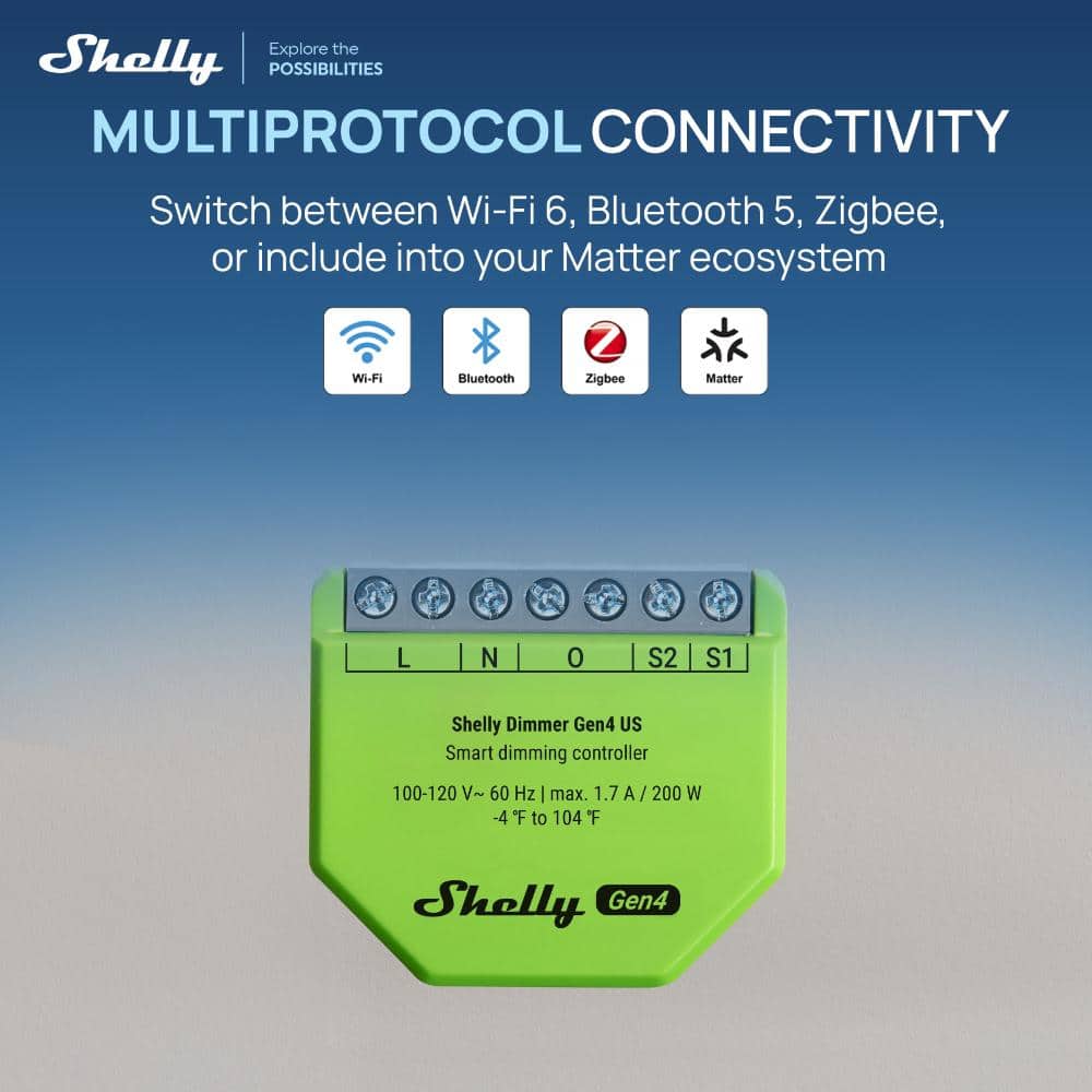 Shelly Dimmer Gen4 US, UL-Certified, WiFi, Matter, Bluetooth, Zigbee Smart Dimming, Support LED Strips & Lamps (2)